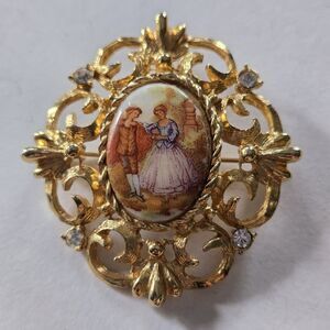 Graziano Goldtone Cameo Brooch Open Framework Filigree Art Nouveau Victorian Vtg